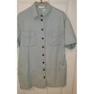 NWT Idem Ditto Short Sleeve Denim Blue Chambra Cotton Top Button Institution M/L